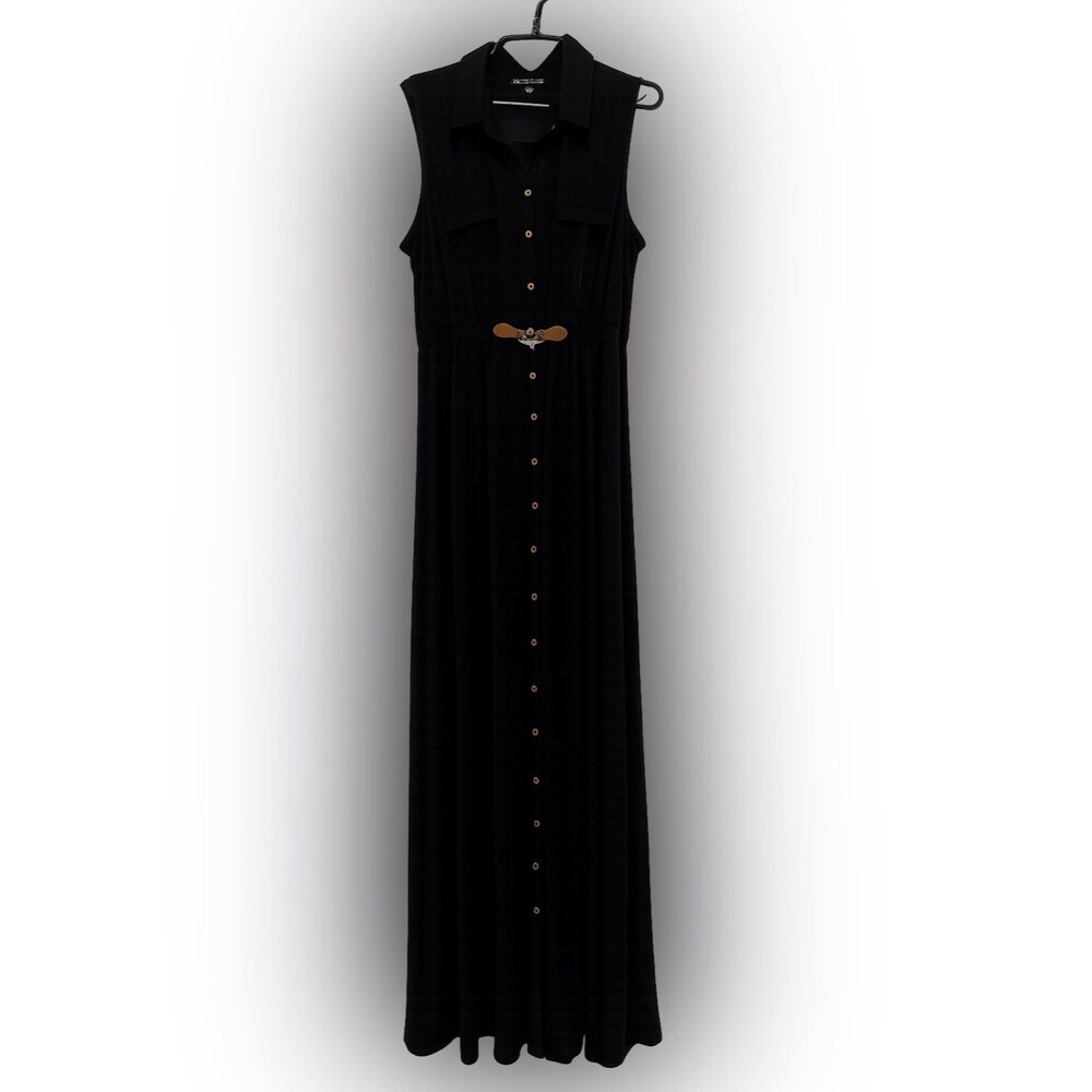 Always Indigo Sleeveless Black Maxi Button Dress with Decorative Buckle Size 2X